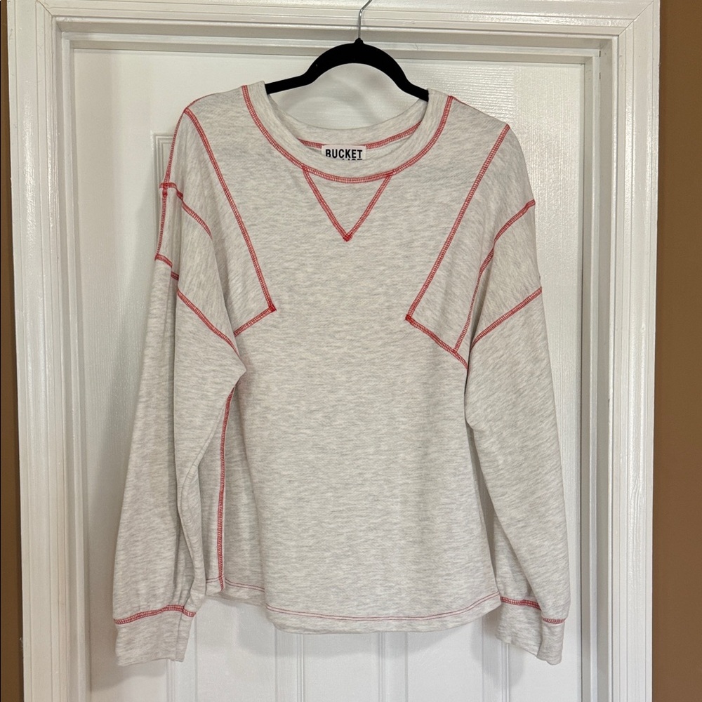 Women’s Bucket List Brand Sweatshirt Sz Medium. Light grey/red outer stitching.